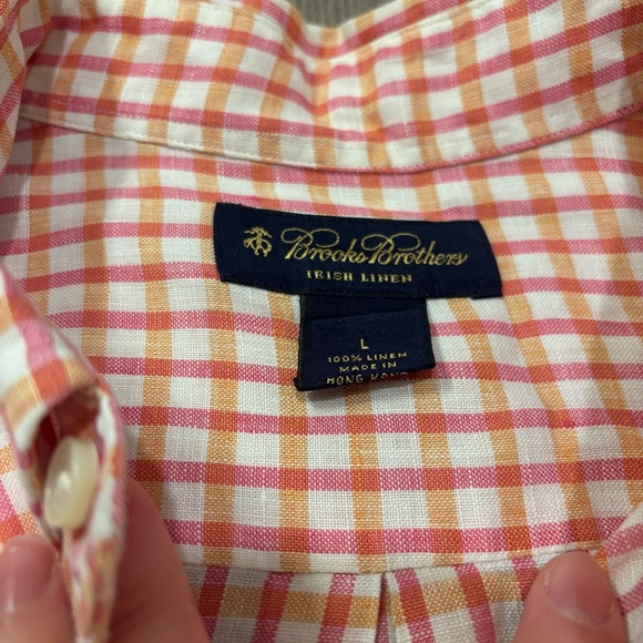 Brooks‎ Brothers 100% Irish Linen Button Up SS Men’s Large Pink/Orange Check - Picture 3 of 3
